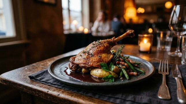 Roasted duck leg confit served with green beans and potatoes in dark moody fine dining restaurant atmosphere by candlelight.