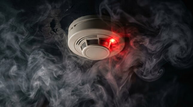 A close-up shot of a round white smoke detector mounted on a dark ceiling surrounded by thick white smoke and glowing with a red alert light indicating danger, underscoring the alarm