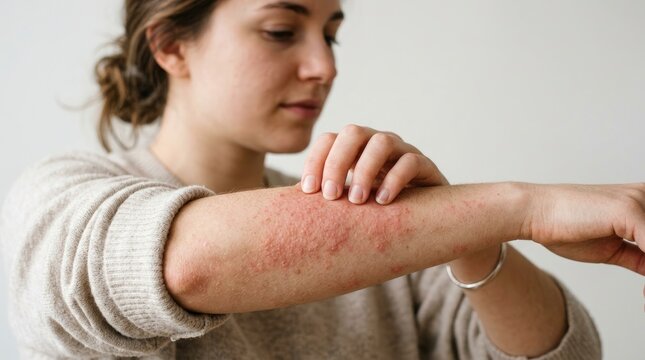 Young Woman Scratching a Red Itchy Skin Rash on Her Forearm, Eczema or Allergy Concept