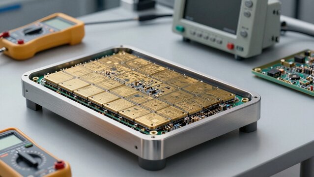 A high-precision antenna module with gold-plated components sits on a lab bench surrounded by testing equipment including multimeters and oscilloscopes.