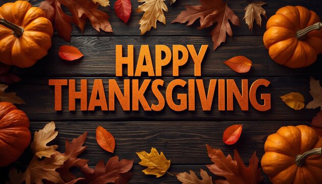 Happy Thanksgiving greeting on dark wooden background, rustic autumn banner with orange pumpkins and dry leaves, seasonal holiday background
