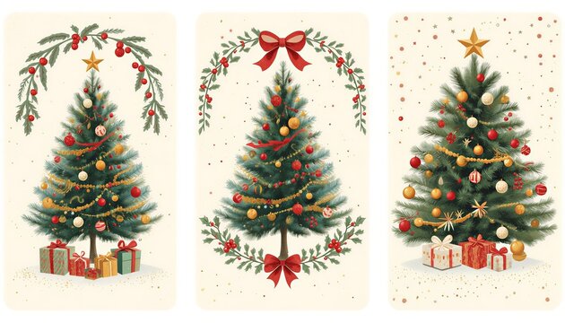 Vintage Christmas tree illustration set, festive holiday greeting cards with ornaments and gifts, elegant watercolor winter pine trees with red bows