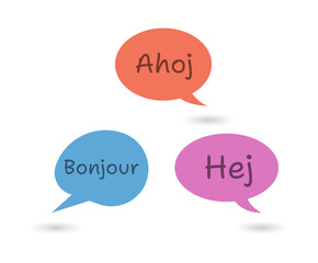 Colorful speech bubbles with greetings in different languages on transparent background © Mahmuda