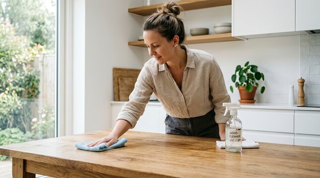 Smiling Young Woman Wiping a Large Wooden Table with a Microfiber Cloth and Natural Wood Cleaner in a Bright Modern Kitchen