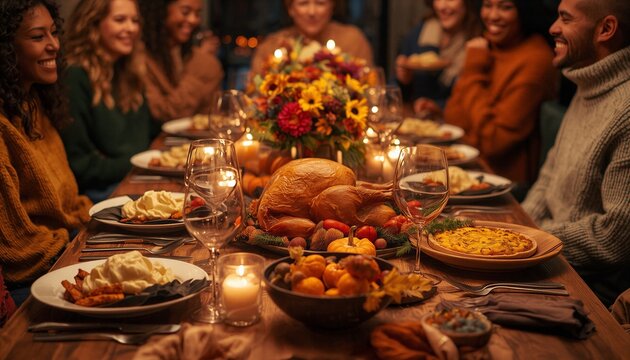 Thanksgiving dinner with diverse friends, festive holiday feast on wooden table, warm candlelit celebration with roasted turkey and autumn decor