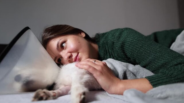 Close view opens on woman and Jack Russell resting after surgery then slowly pulls back. She smiles while gently caring for recovering dog.