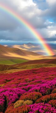 Rainbow arches over rolling hills of heather-covered moorland, scenery, ||heather