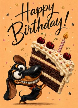 Funny Dachshund Carrying Birthday Cake Illustrated Greeting Card Design