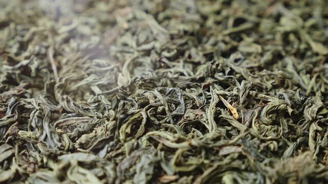 Steaming heap of high quality dried green tea leaves prepared for brewing.