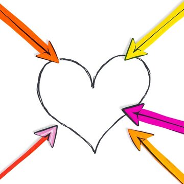 Hand-drawn arrows forming an arrow heart shape isolated on a white background, abstract art, simple design
