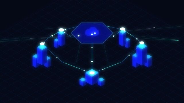 digital network connection, blue blockchain technology, nodes and data flow, futuristic cyberspace illustration