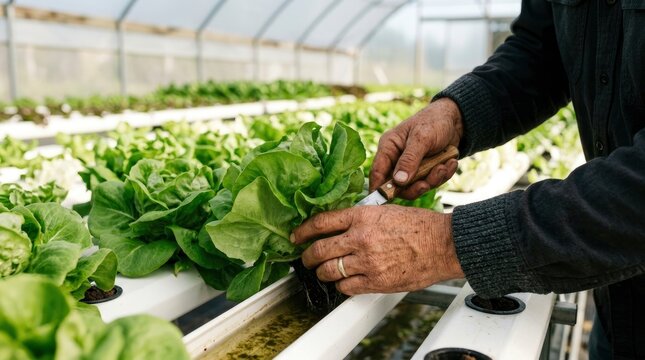 Close-up of farmer's hands harvesting fresh green lettuce from a hydroponic system in a greenhouse