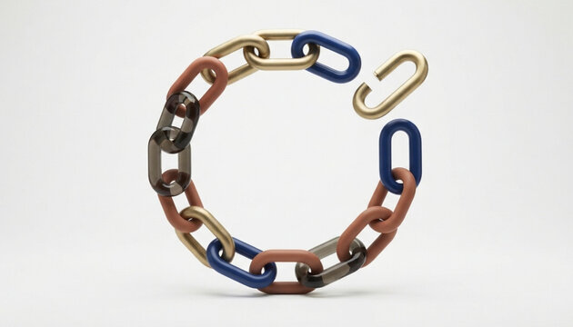 Concept of the missing link with a colorful abstract chain sculpture featuring one open gap on a clean white background
