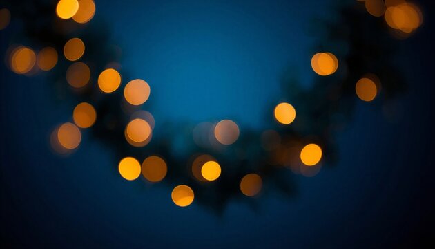 Golden bokeh lights on dark blue background, festive holiday glow with soft blurred circles, elegant decorative light effect for celebration
