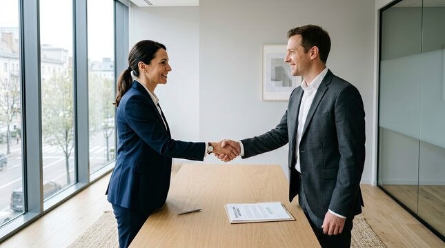 Successful Business Handshake Between Professional Man and Woman Closing a Deal in a Modern Office
