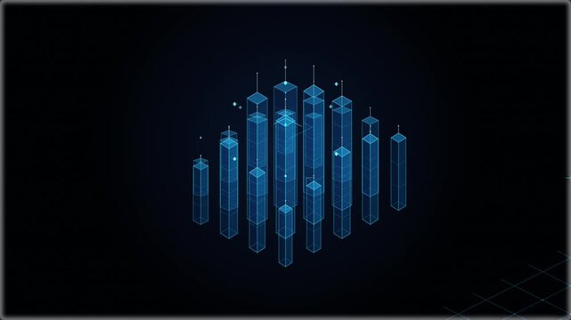 Abstract glowing blue pillars and particles data visualization loop, futuristic technology background