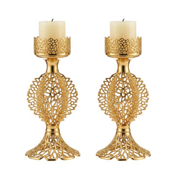 Two elegant gold metal candle holders with intricate filigree patterns isolated on transparent background