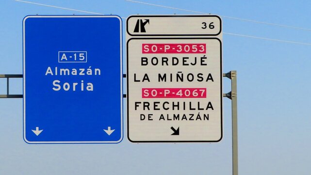 A directional road sign on the A-15 motorway in Spain, indicating the directions to Almaz&aacute;n and Soria, as well as exit 36 ​​to Bordej&eacute; and La Mi&ntilde;osa September 15, 2026.