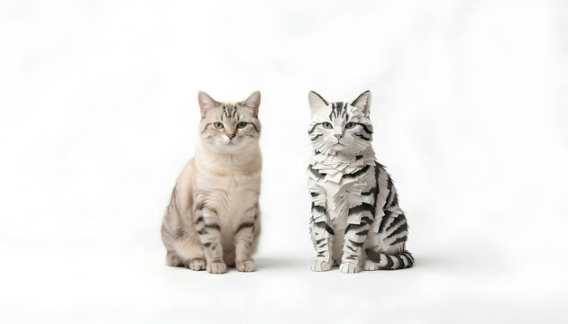 Copycat idiom concept with two twin cats sitting side by side on a white background