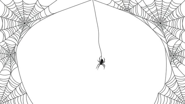Black spider hanging by thread with intricate web frame on white background