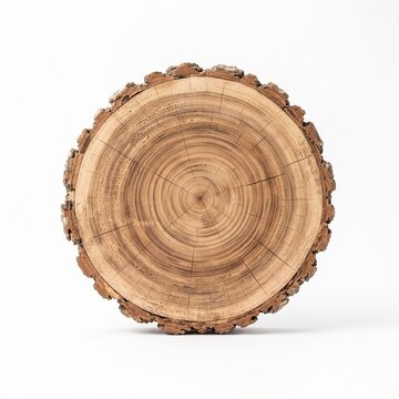 Cross section of a natural wooden tree trunk log showing detailed growth rings and textured bark on a solid white background