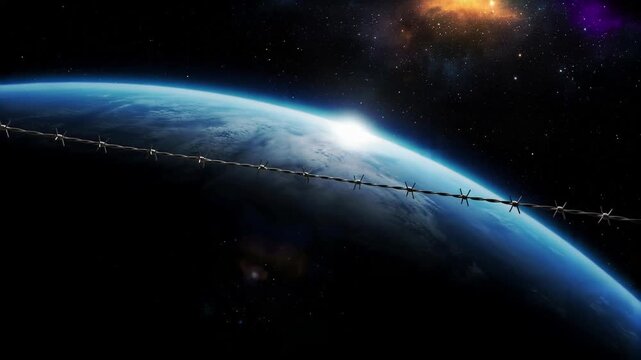 Barbed Wire Stretches Across Earth From Space with Cosmic Backdrop and Glowing Horizon