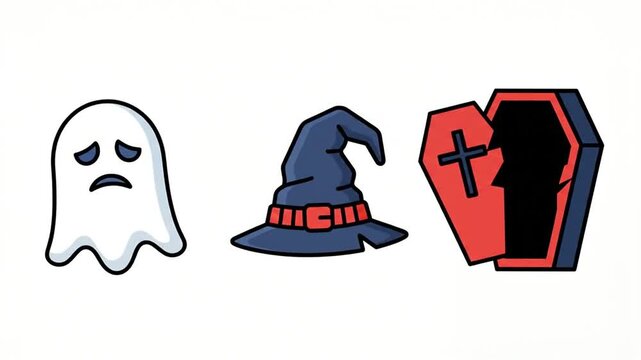 Cartoon Halloween icons with ghost hat and coffin on white background