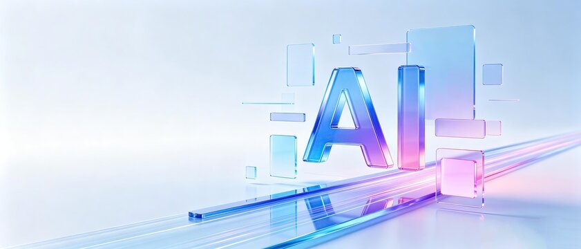 Transparent glass AI text with floating glass rectangles along glowing light path on pale clean background represents modern artificial intelligence future technology concept