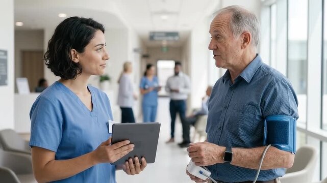 Middle Eastern female nurse showing health data on a tablet to an older male patient wearing a blood pressure cuff in a clinic hallway. Remote patient monitoring concept.