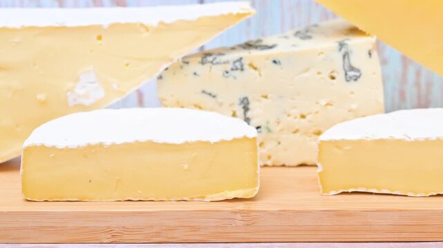 Video of a cheese mix featuring Parmesan, Brie, blue cheese, and Camembert.