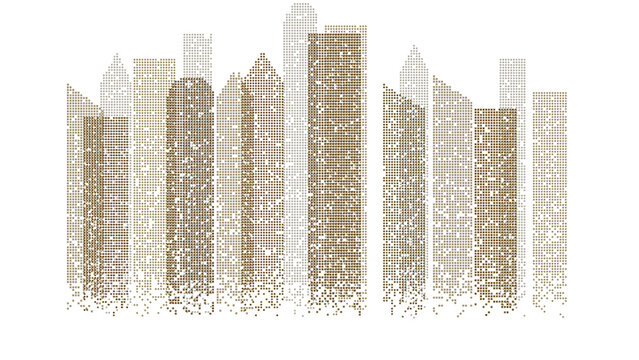 Abstract minimalist city skyline illustration featuring tall skyscrapers composed of small beige and brown geometric pixel dots transparent background