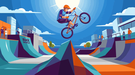 Fototapeta premium A striking flat design vector illustration showcasing a BMX rider mid-air, executing an impressive tailwhip trick over a ramp in a skate park, embodying the thrill of extreme action sports. 