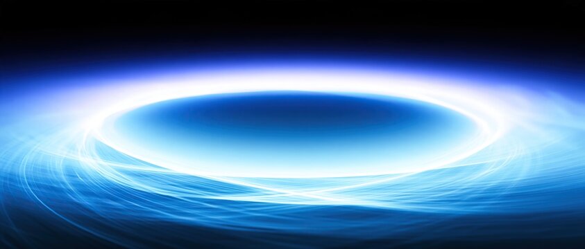 Abstract glowing blue event horizon of black hole with wispy light fibers on dark black background represents astrophysics cosmic gravity and space astronomy concept