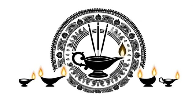 Traditional oil lamps igniting under intricate black mandala animation