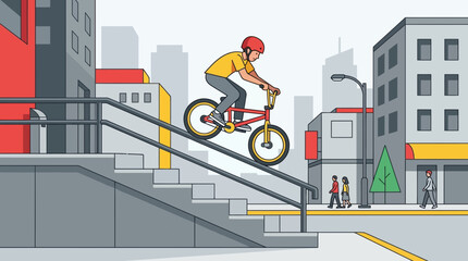 Fototapeta premium This flat design vector illustration depicts a BMX rider performing a daring grind on a street handrail, capturing the essence of street freestyle and urban adventure. 
