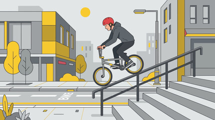 Fototapeta premium This flat design vector illustration depicts a BMX rider performing a daring grind on a street handrail, capturing the essence of street freestyle and urban adventure. 