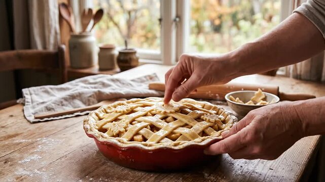 Woman decorating homemade pie with pastry leaf in rustic kitchen