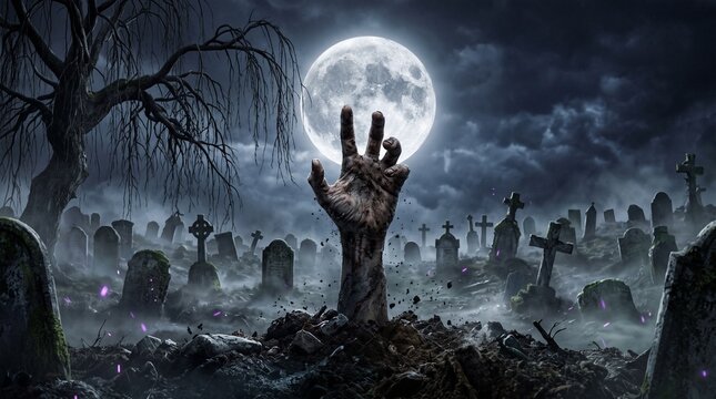 Spooky zombie hand rising from grave in misty cemetery, eerie graveyard scene under full moon, dark cinematic Halloween background with tombstones