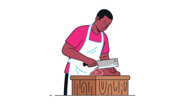 Professional butcher wearing an apron uses a large meat cleaver to cut raw steak on a wooden block.