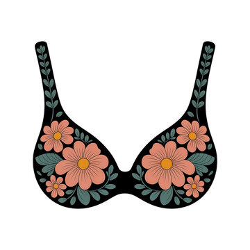Floral lace black and orange floral bra top design isolated on transparent background