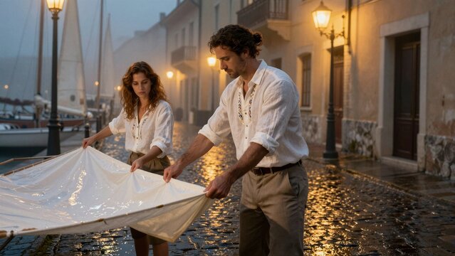 Two artisans carefully handle a large sheet of freshly woven linen fabric on a wet cobblestone street beside moored sailboats under warm evening lights.