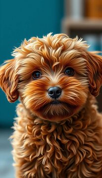 Furry brown cavapoo gazing directly at camera with soft eyes, sweet, dog