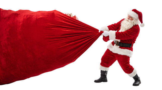 Santa claus pulling a massive red gift sack on a white background with christmas gift giving gifts santa carrying large bag christmas character holiday season
