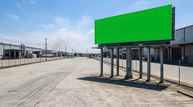 Large Blank Green Screen Billboard in Industrial Warehouse Area for Advertising Mockup