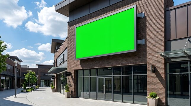 Horizontal billboard with green screen mockup on a modern brick shopping mall building wall under a bright blue sky with clouds