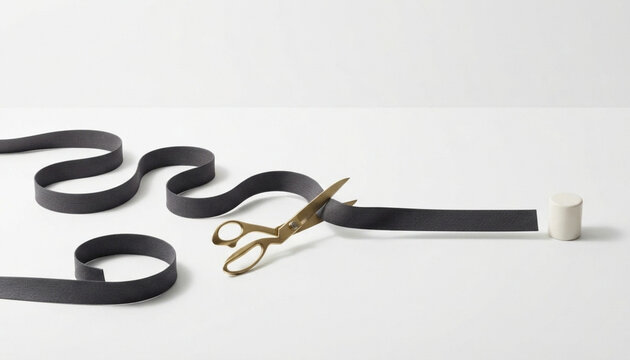 Cut to the chase idiom concept with a pair of scissors cutting a long ribbon on a white background
