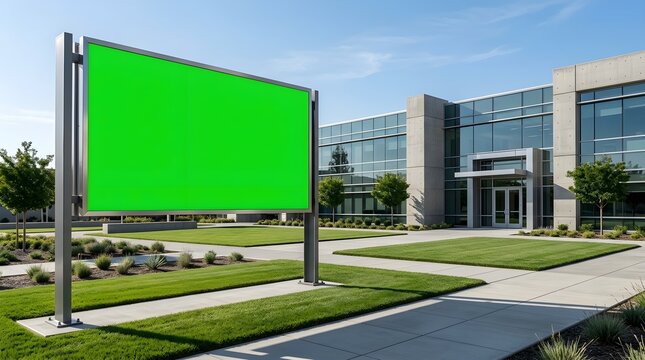 Blank Green Screen Billboard Signage Installed in Front of Modern Corporate Office Building for Advertising and Promotional Content Display