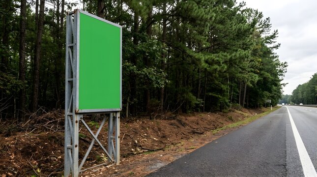 Blank green billboard on the side of a highway with a forest in the background and a road