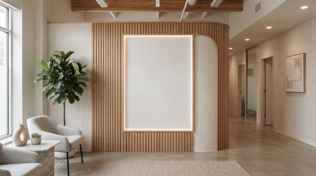 Minimalist reception area featuring slatted wooden partition wall with soft integrated warm glow lig