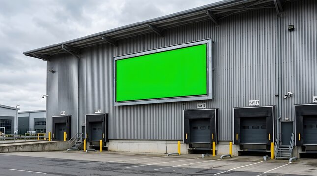 Industrial warehouse exterior with a large green screen billboard mounted on the corrugated metal wall above loading docks